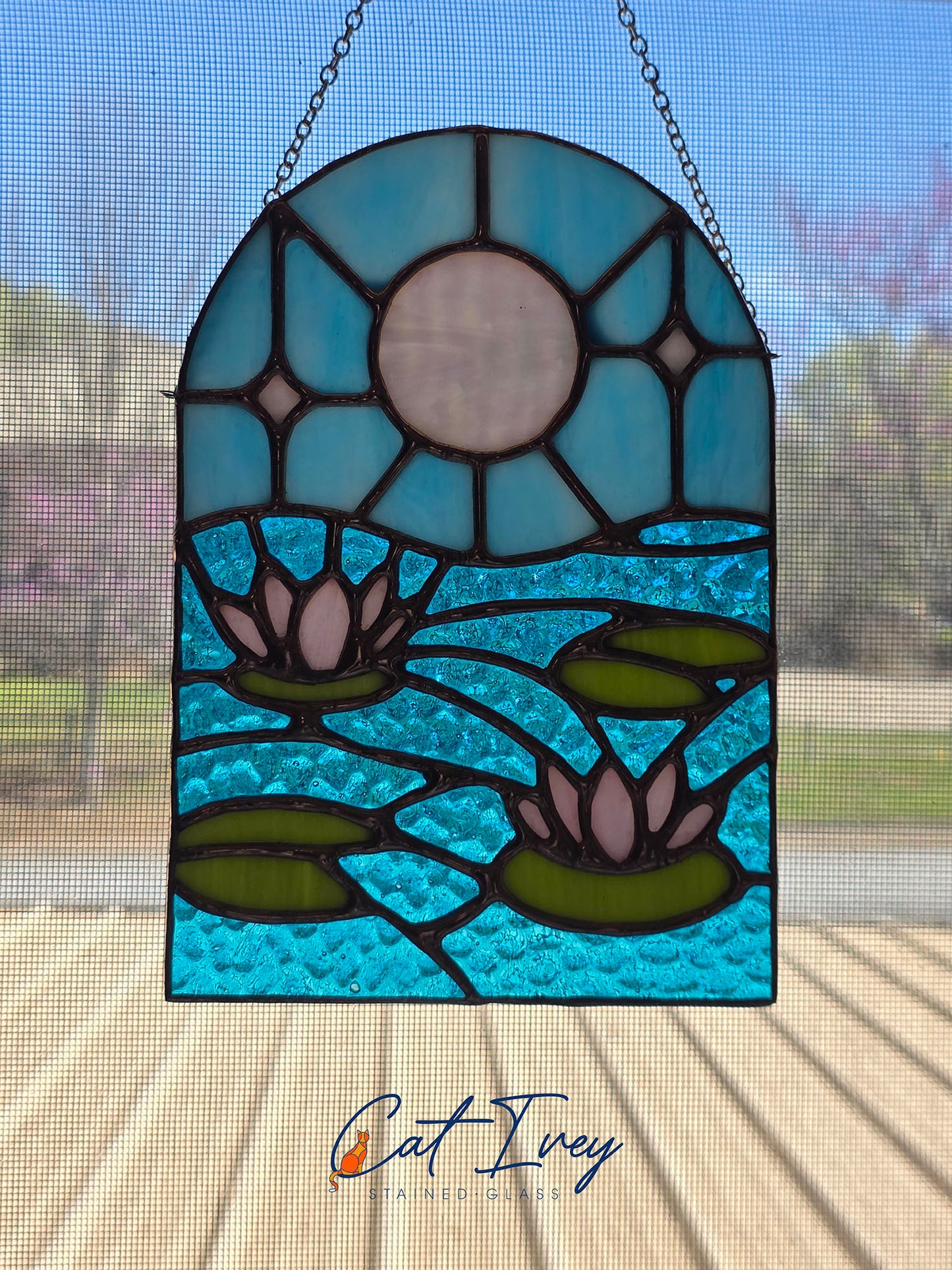 Lotus Flower Lily Pad Stained Glass Suncatcher