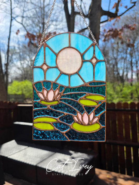 Lotus Flower Lily Pad Stained Glass Suncatcher