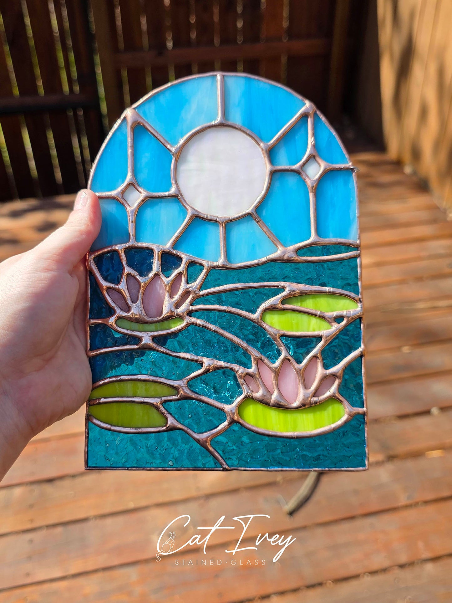 Lotus Flower Lily Pad Stained Glass Suncatcher
