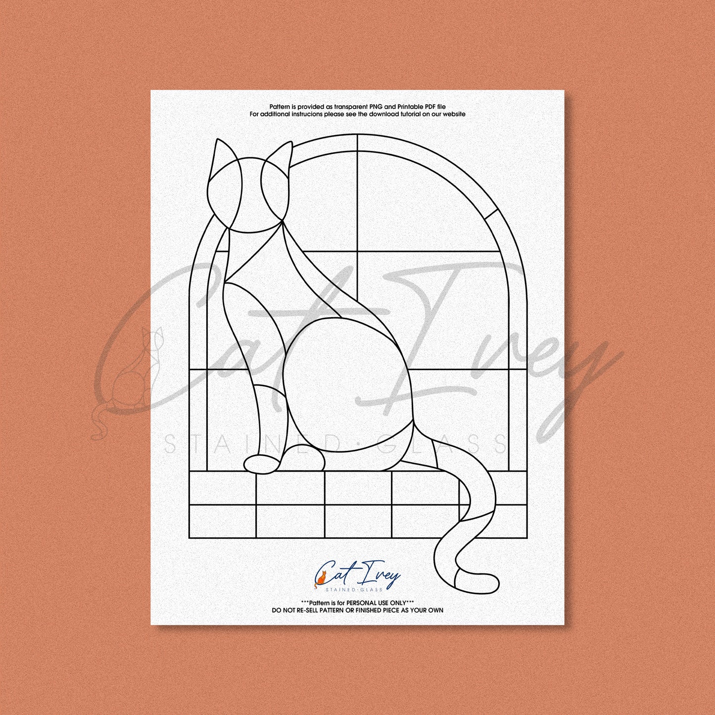 Cat in Window Stained Glass Pattern Digital Download